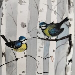 Charming Chickadees And The Birches Watercolor